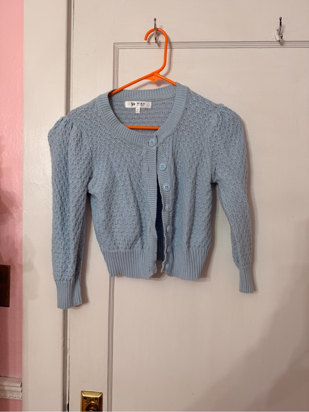 Light Blue Women's Button-Front Knit Cardigan Pinup- Mak Sweater Size Medium